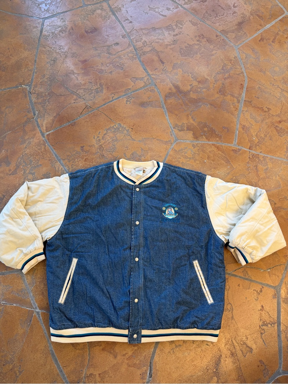 90s Disney Store Eeyore Denim Varsity Jacket Quilted Lined Blue/Beige Adult XXL